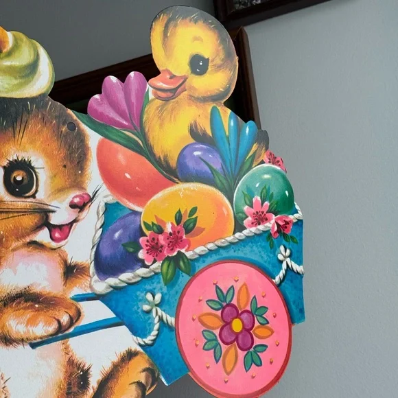 Vintage Easter Bunny Chick Egg Basket Die Cut USA Made Holiday Wall Ephemera - Picture 5 of 15